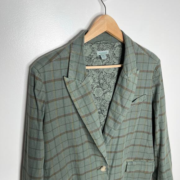 Sundance Long Sleeve Linen Blend Blazer Jacket Womens Medium Green Plaid Boho - Picture 5 of 10